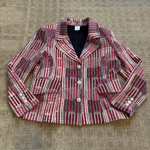 CAbi Striped Blazer Women's L Red White Coastal Nautical Anchor Buttons Office - Picture 2 of 9